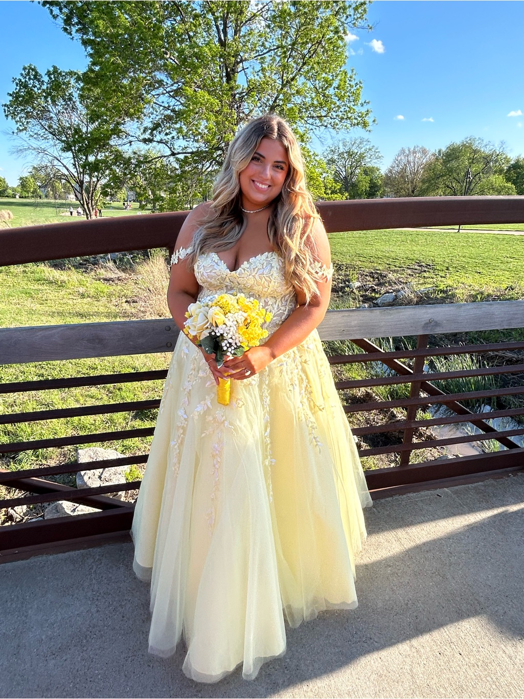 Ellie Wilde Yellow Floral Appliqu Tulle Ball Gown With Pockets